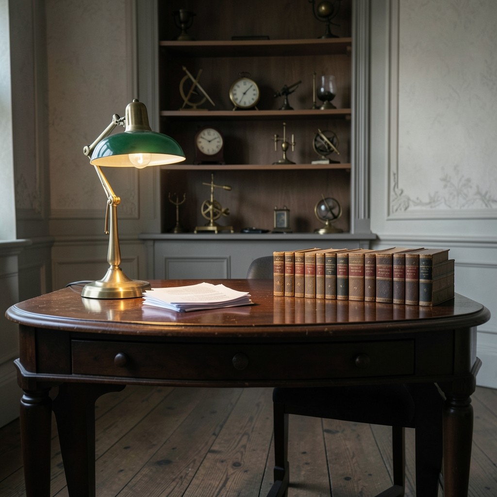 Bureau avec documents de travail et lumière chaude, ambiance studieuse normande